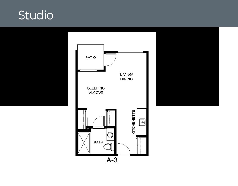 Floor plan of a studio apartment showing various sections including the sleeping area, living area, bath, kitchen, and patio.