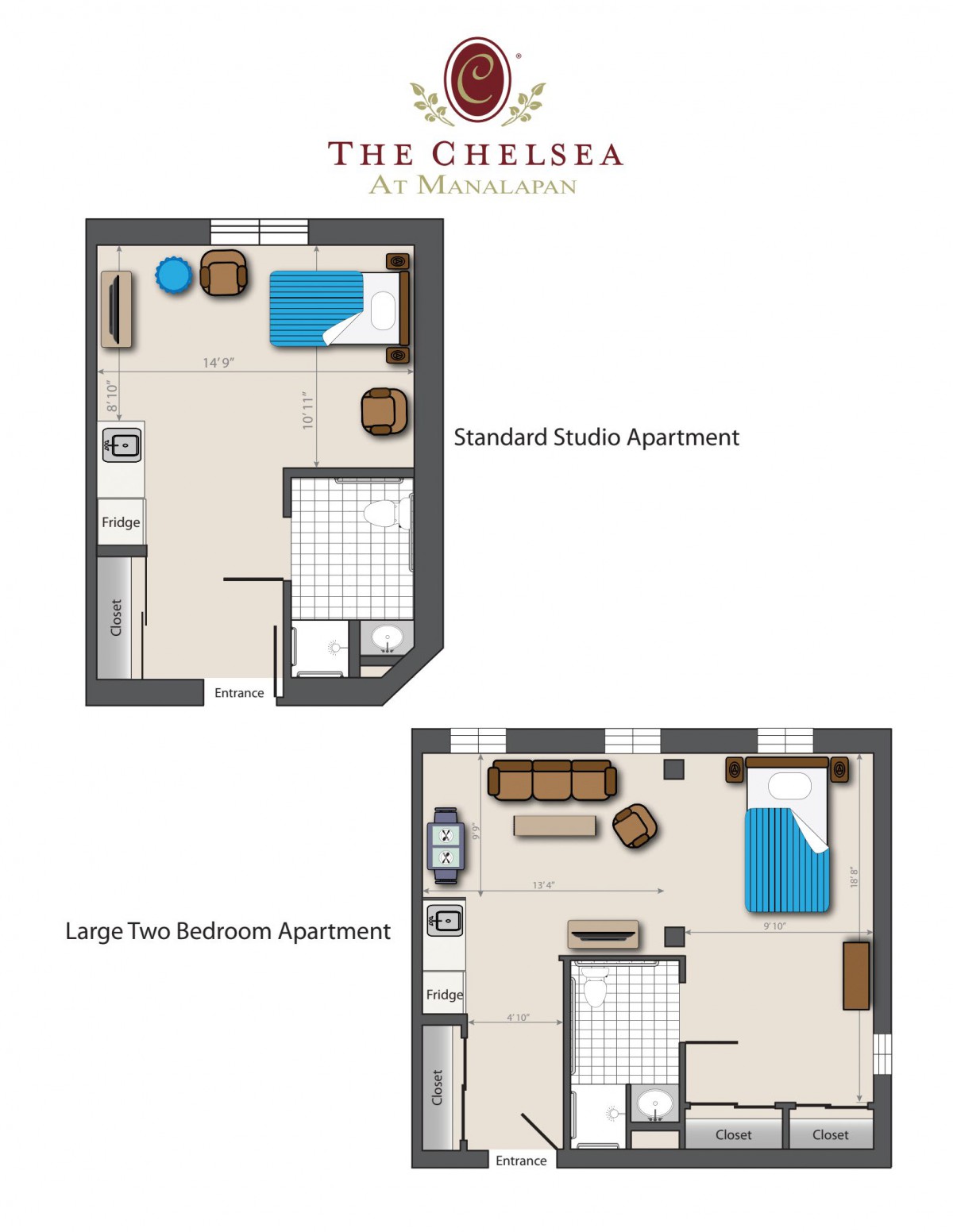 Floor plans for standard studio and larger two-bedroom apartments at The Chelsea.