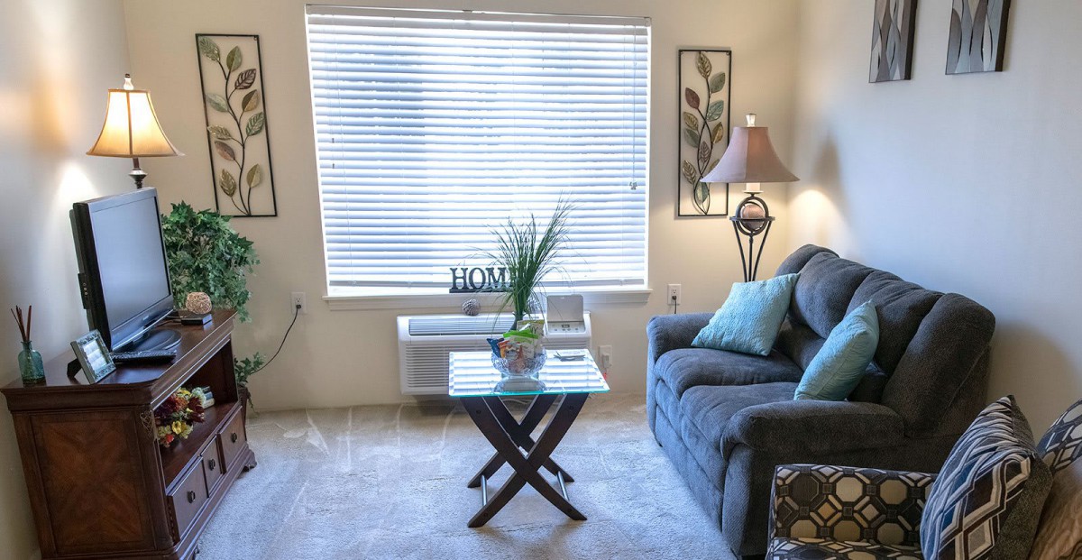 A cozy living room with a sofa, coffee table, and decorative elements.