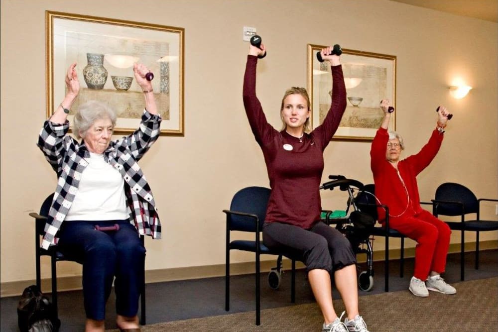 A group of people participating in a seated exercise class with weights.