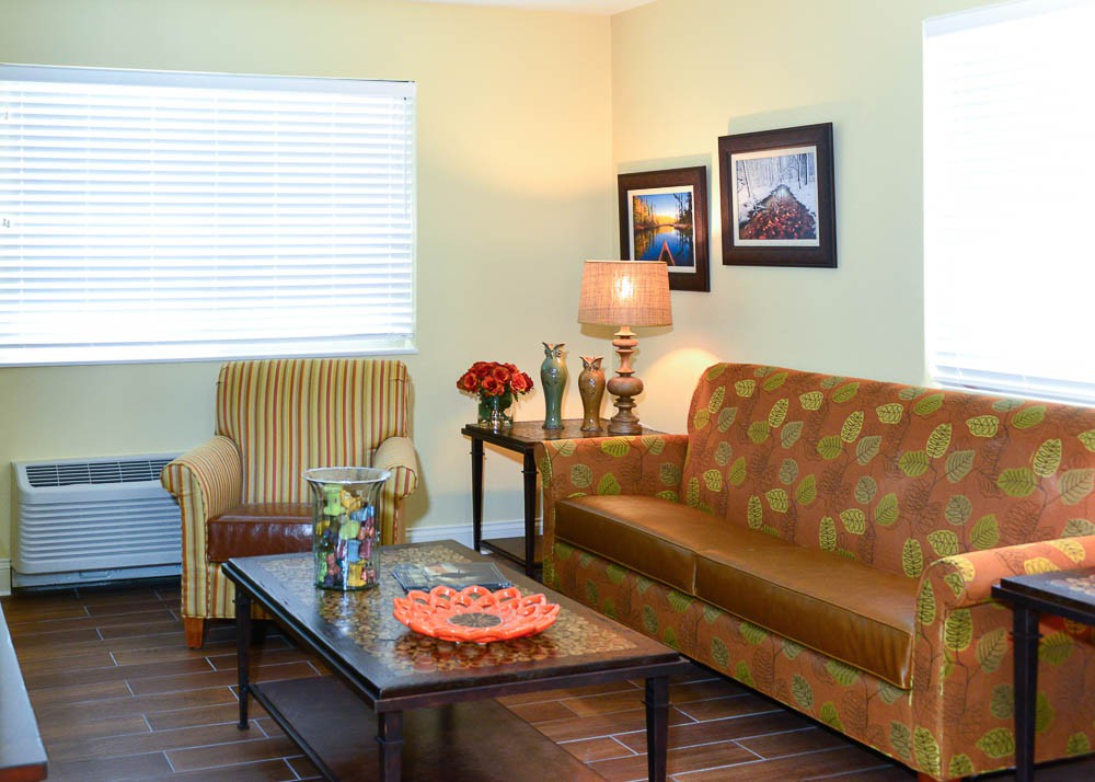 A cozy living room with a sofa, armchair, and coffee table accented by warm lighting and decorative elements.