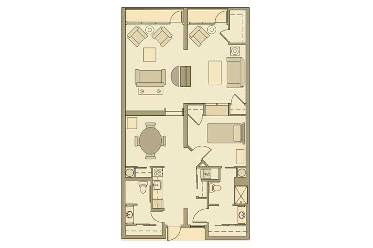 A floor plan of a two-bedroom apartment with living and dining areas.