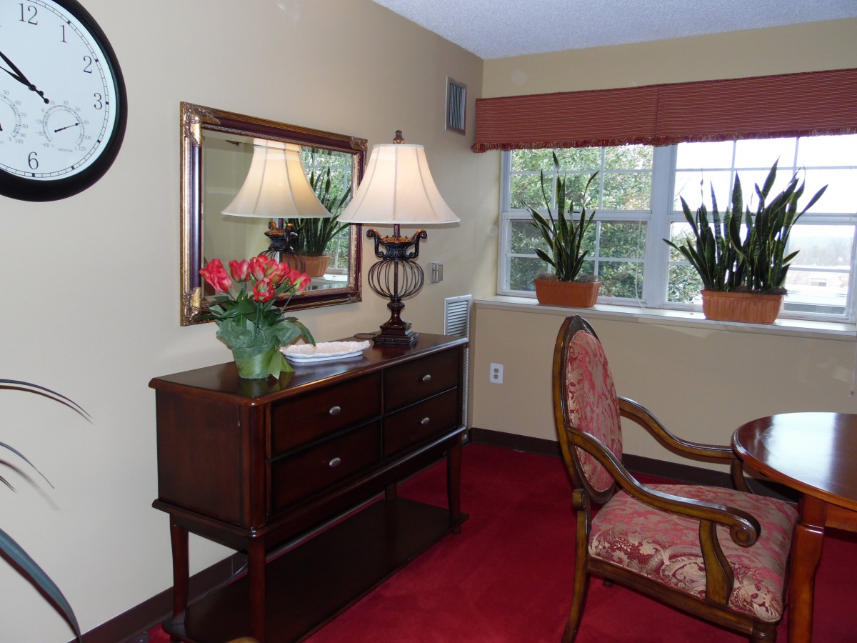 A cozy living room corner featuring a wooden dresser with a lamp and mirror, potted plants on the windowsill, and an elegant chair.