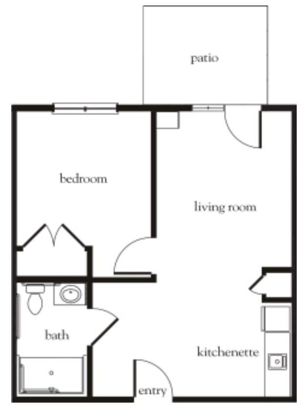 A simple one-bedroom apartment floor plan with a living room, kitchen, bath, and patio.