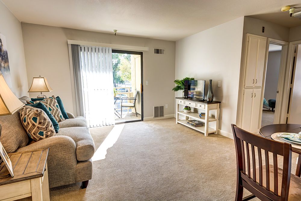A bright living room with a comfortable sofa, TV stand, and large sliding glass doors letting in natural light.