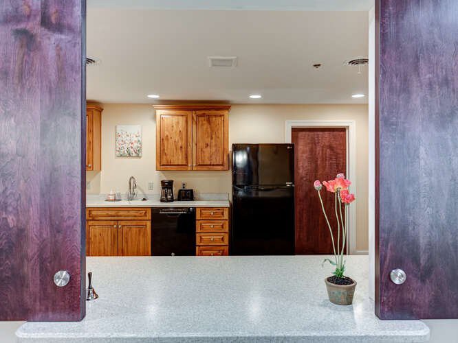 A modern kitchen with wooden cabinets and a visible countertop, featuring a potted plant and various appliances.