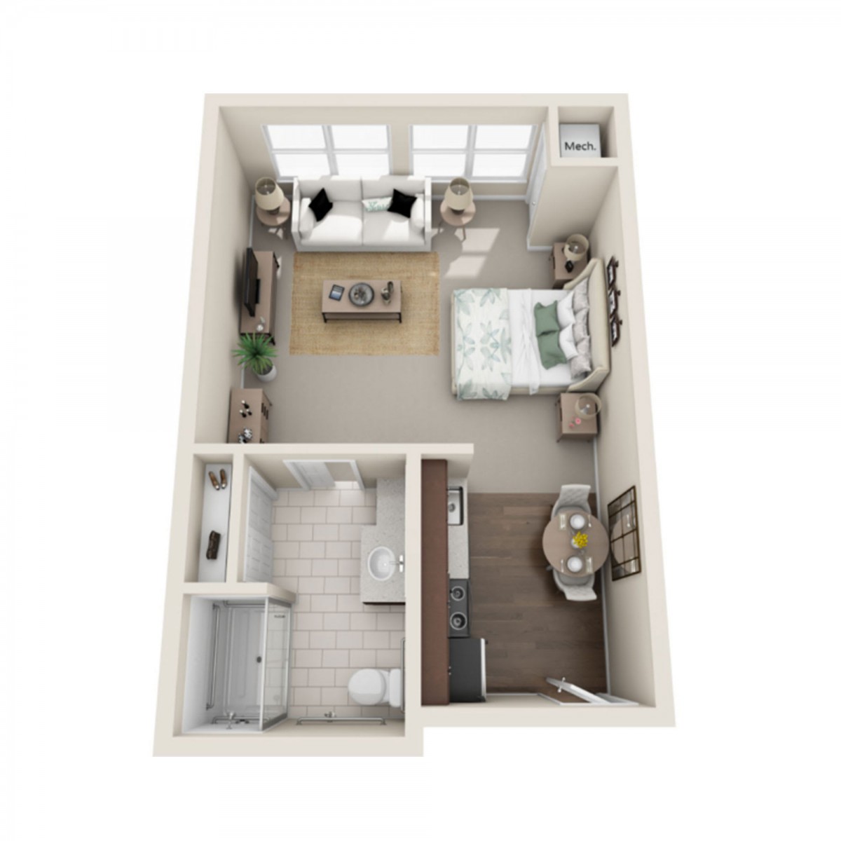 A 3D floor plan of a studio apartment featuring a living area, bedroom, kitchen, and bathroom.