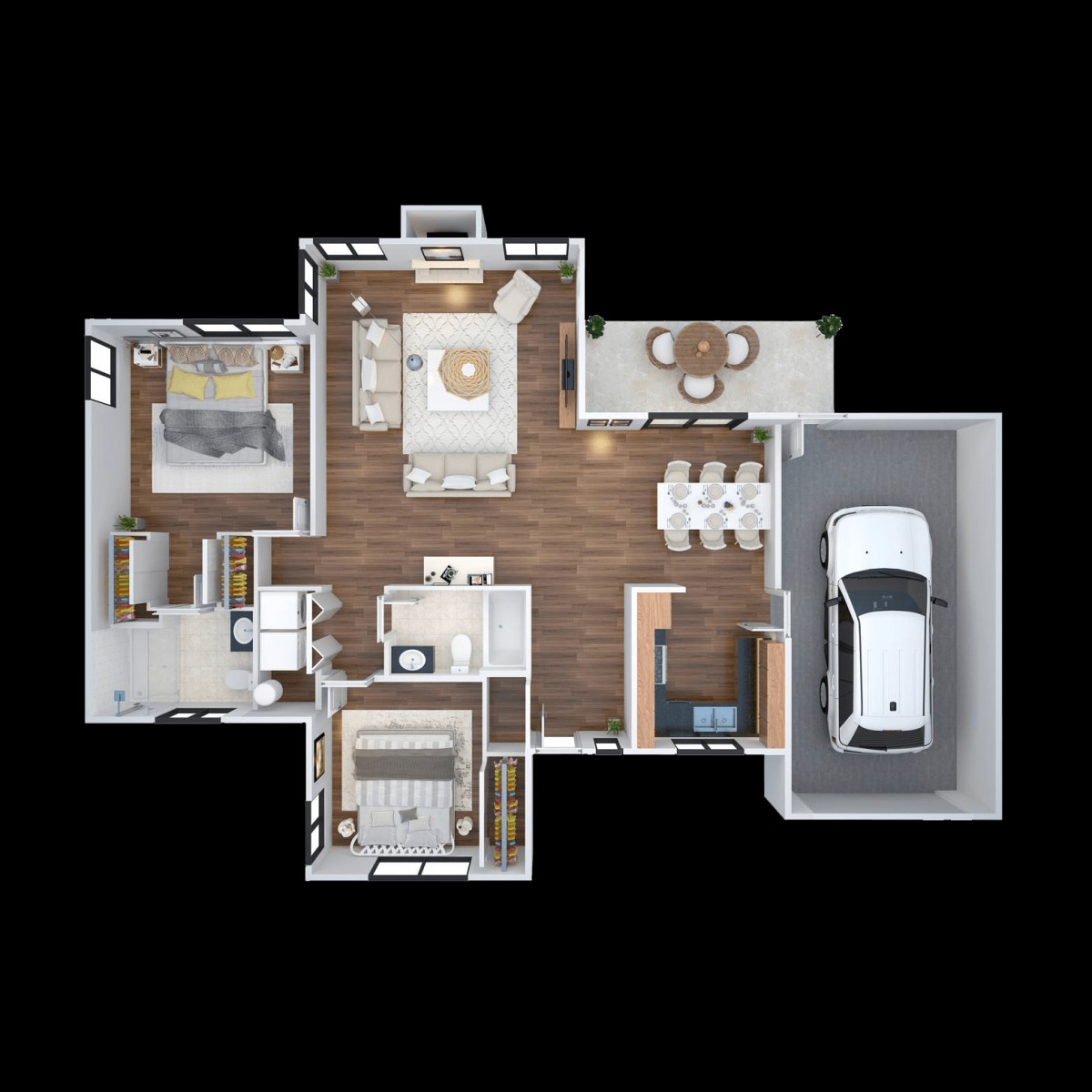 A detailed floor plan of a modern house with two bedrooms and an attached garage.