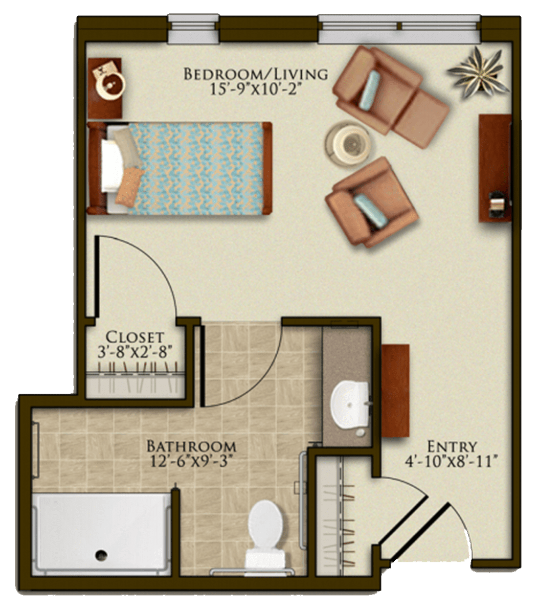 A studio apartment floor plan featuring a bedroom/living area, bathroom, closet, and entryway.