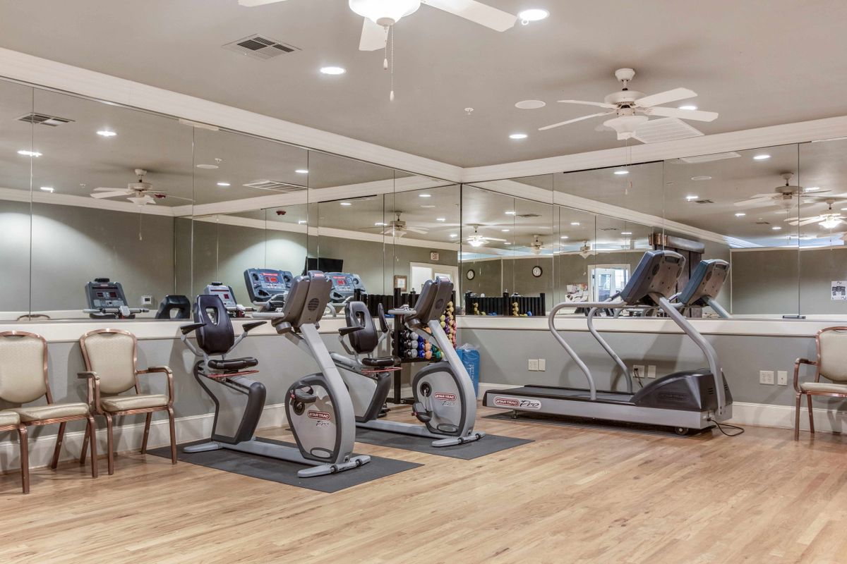 A modern gym with treadmills and stationary bikes facing large mirrors.