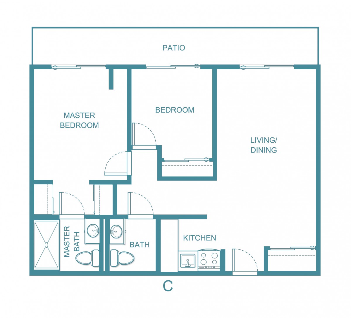 Blueprint of a two-bedroom apartment with a living/dining area, kitchen, and patio.
