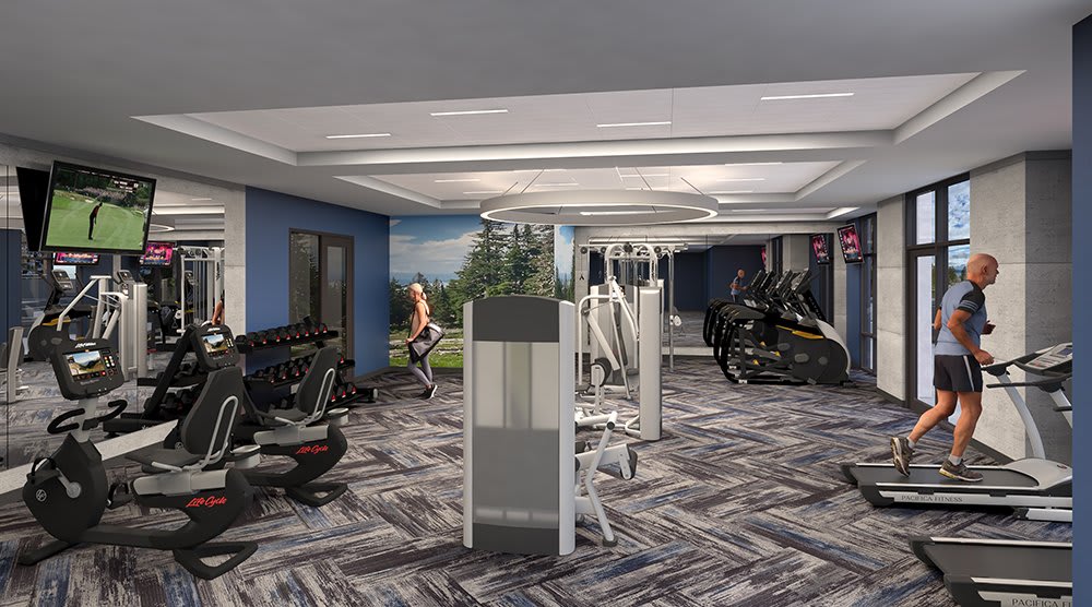 A modern gym with various exercise equipment and a scenic wall mural.