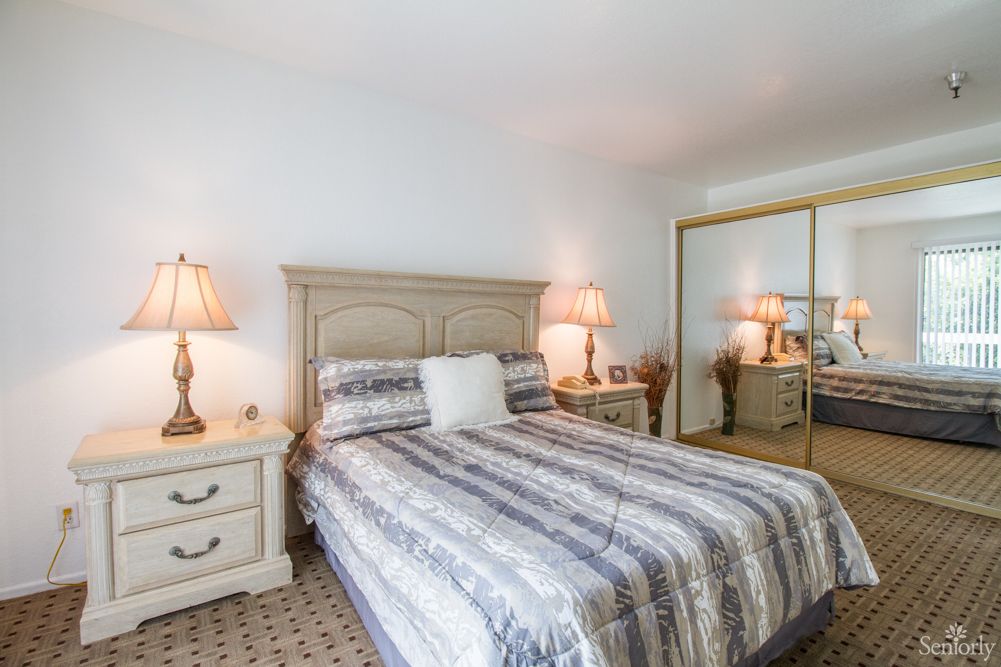 A cozy bedroom with stylish decor and mirrored wardrobe doors.