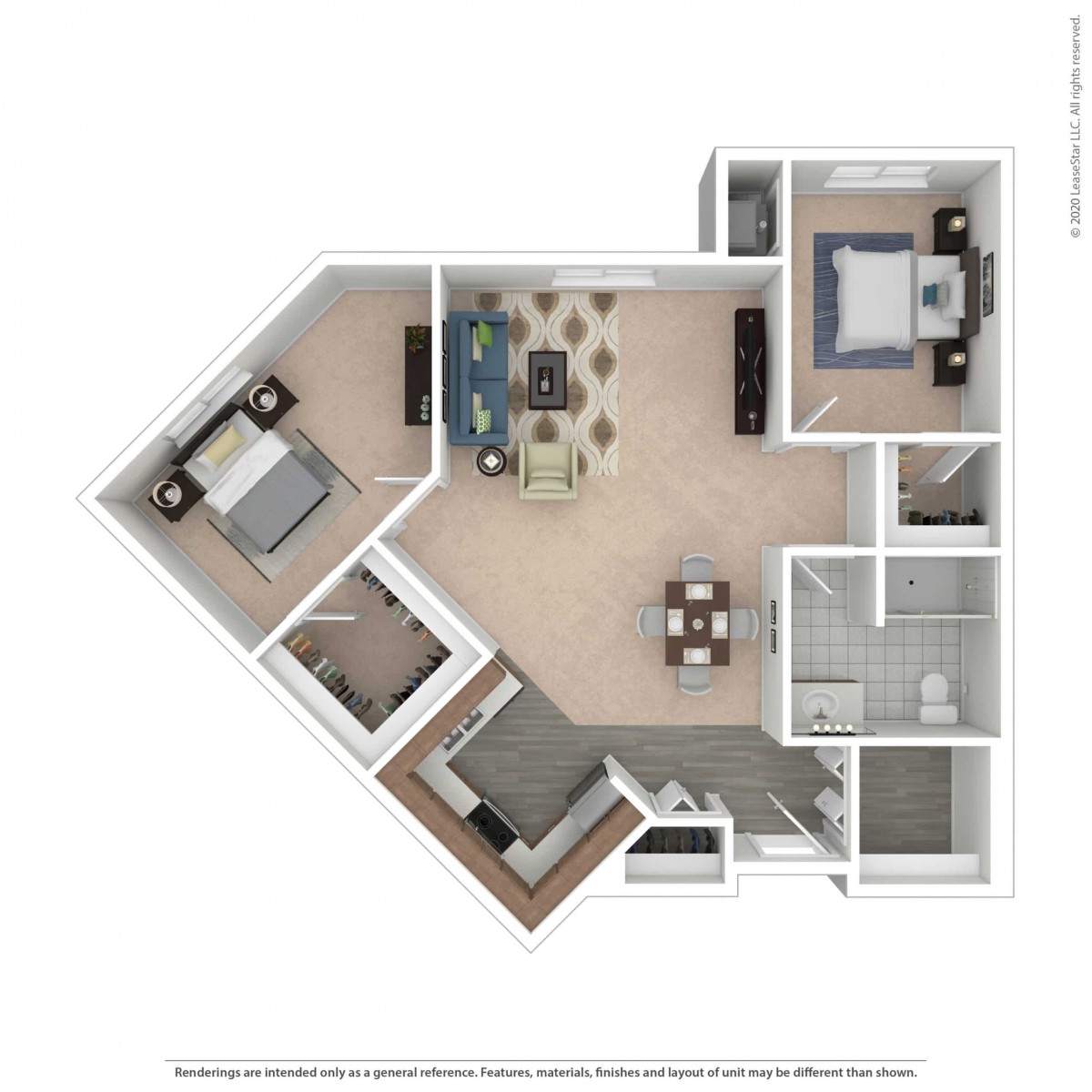 This image shows a detailed floor plan of an apartment, including living room, kitchen, two bedrooms, and a bathroom.