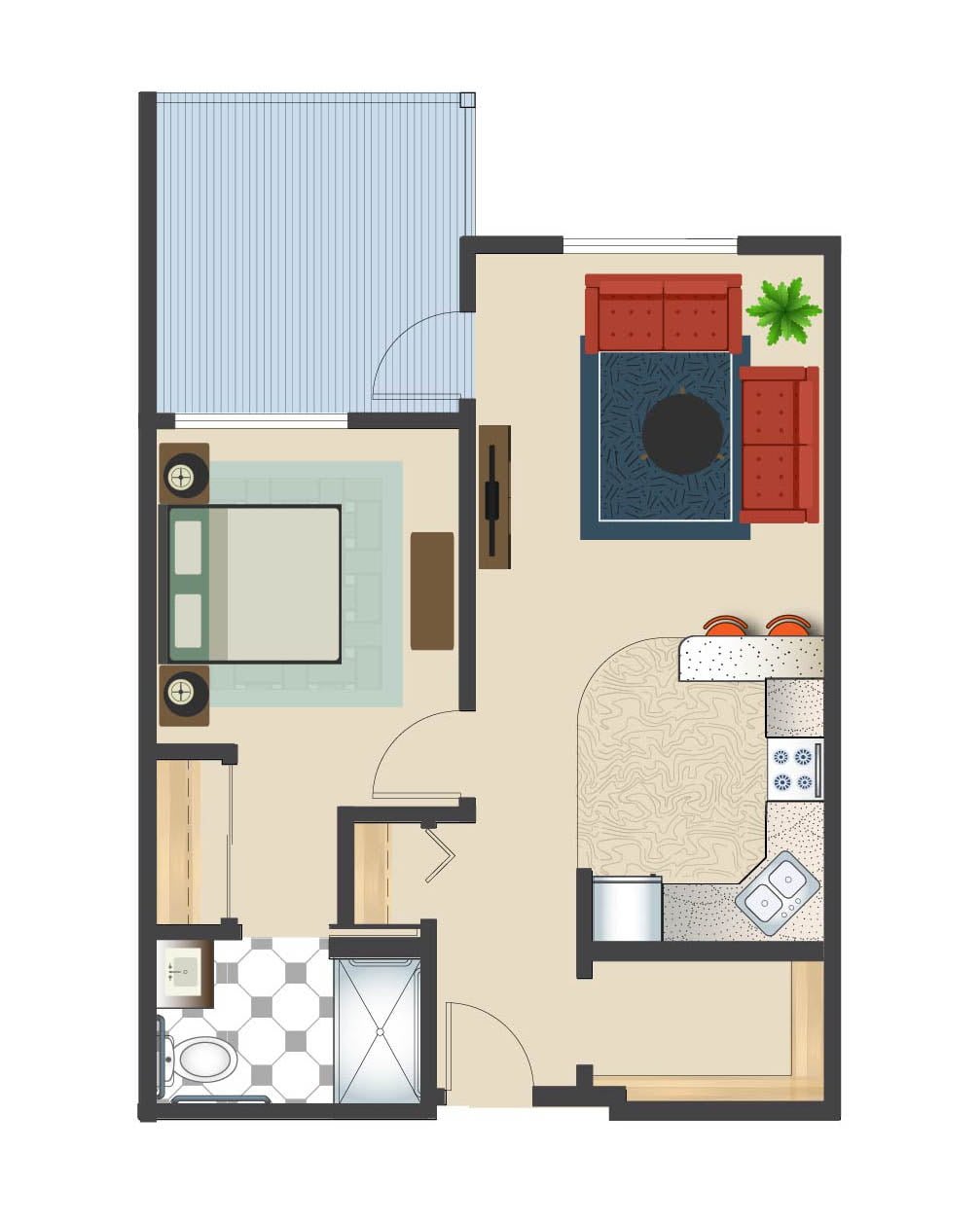 A simple one-bedroom apartment floor plan featuring a living room, kitchen, bedroom, and bathroom.