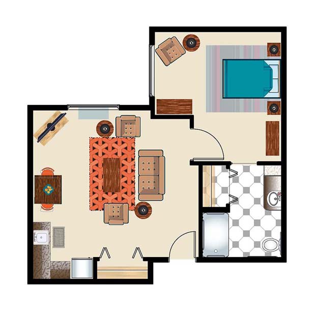 This image is a floor plan of a one-bedroom apartment, featuring a living room, kitchen, bedroom, and bathroom.