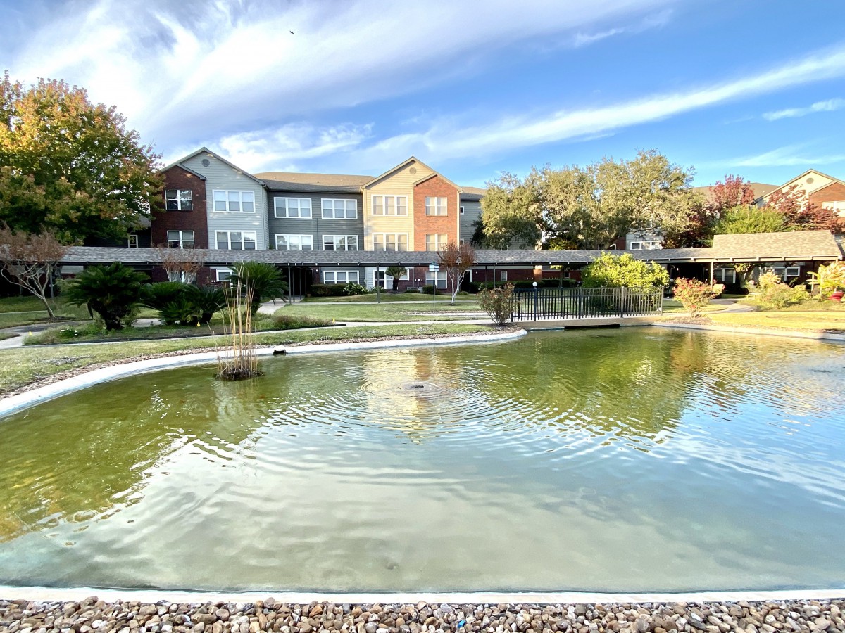 A scenic view of a modern building overlooking a tranquil pond surrounded by trees.