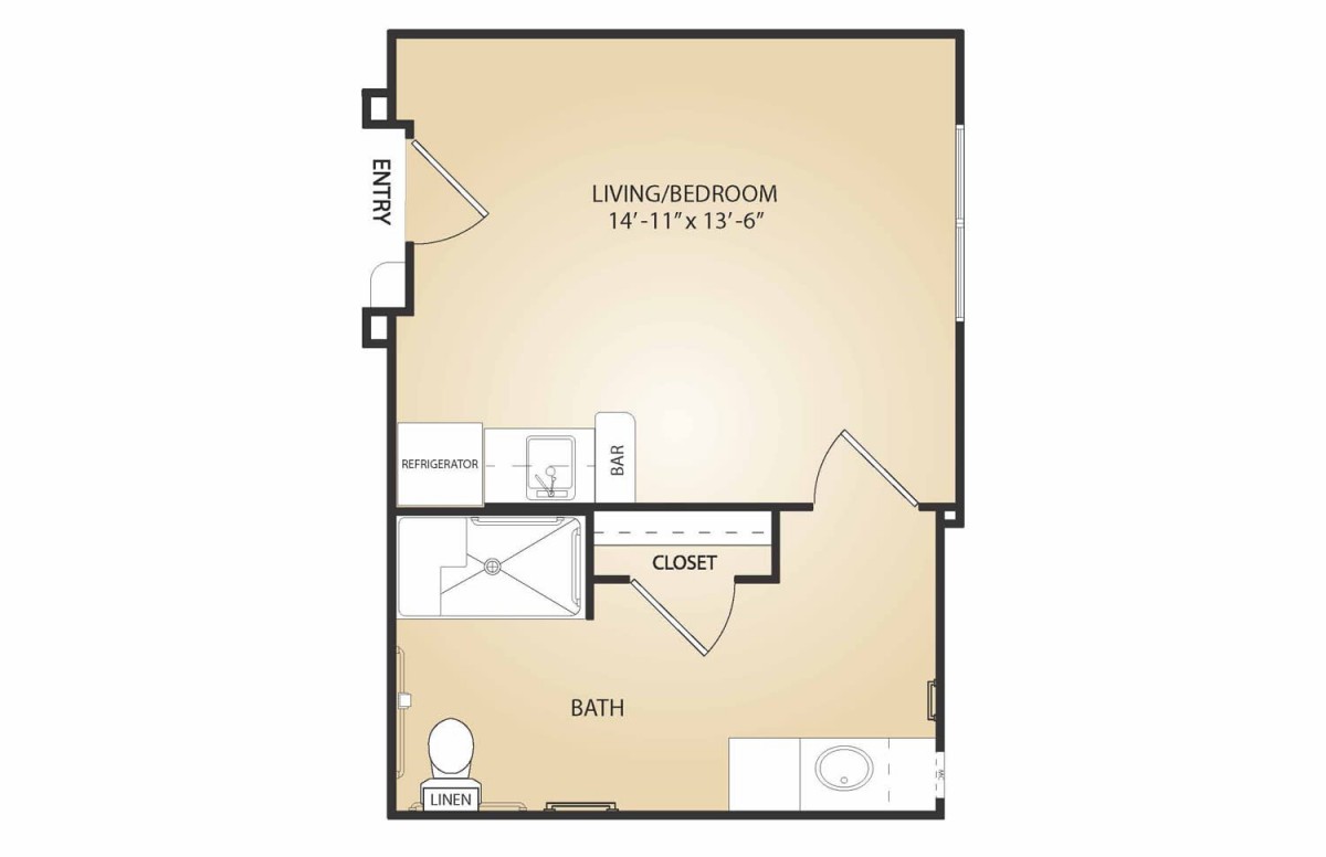 Studio apartment floor plan with a combined living and bedroom area, kitchen, bathroom, and closet.