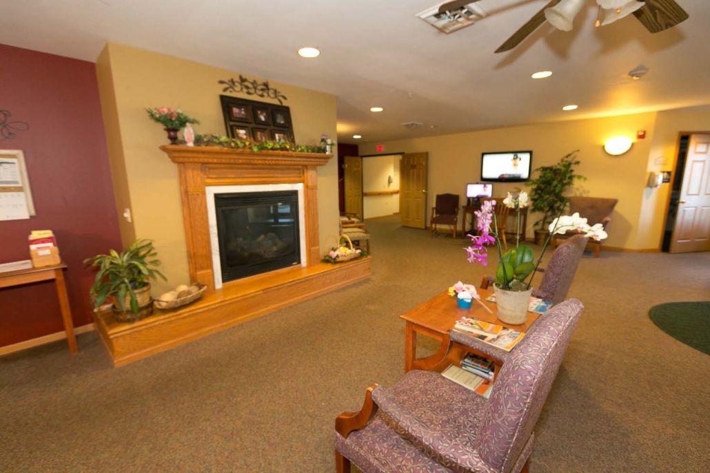 A cozy living room with a fireplace and seating area, adorned with plants and featuring a television on the wall.