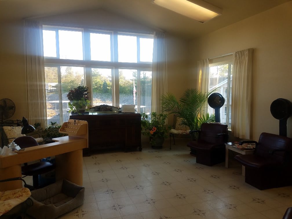 A cozy salon waiting area with large windows, plants, and comfortable seating.