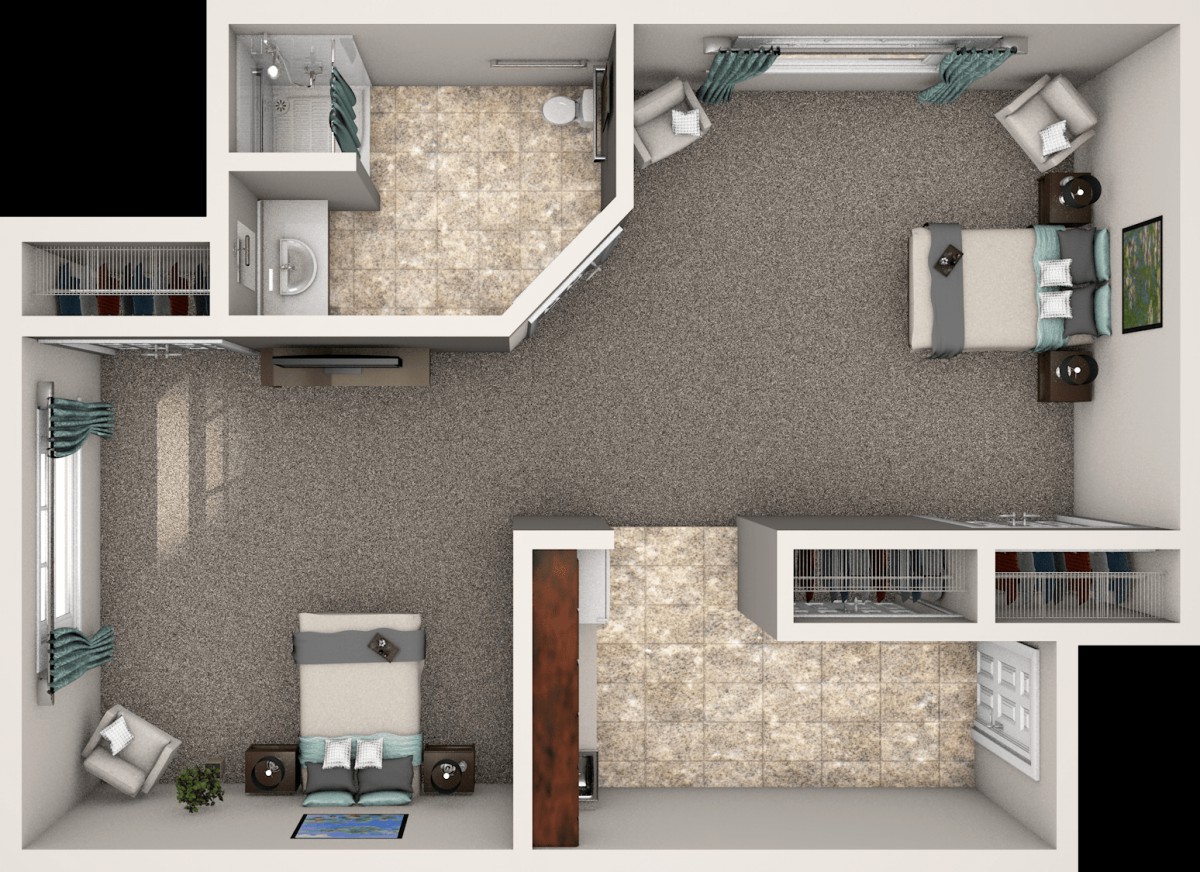 A top-down view of a modern apartment floor plan, showcasing the layout and furniture arrangement.