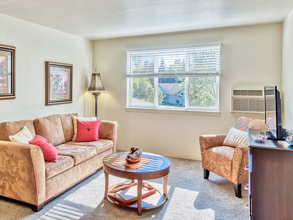 A cozy living room with a sofa, armchair, and coffee table, accented by decorative pillows and artwork.