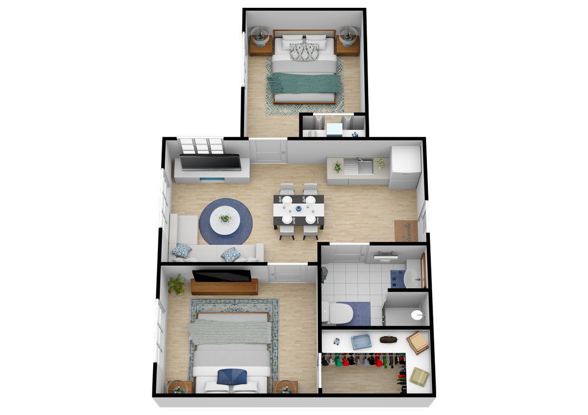 A 3D rendered floor plan of a two-bedroom apartment featuring a living room, kitchen, and bathroom.