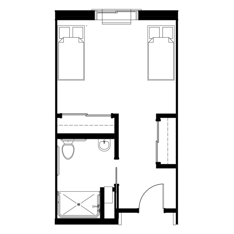 A floor plan showing a layout with two beds and a small bathroom.