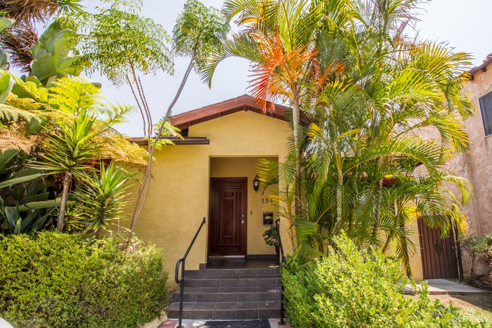 A tropical house entrance surrounded by lush greenery and palm trees.