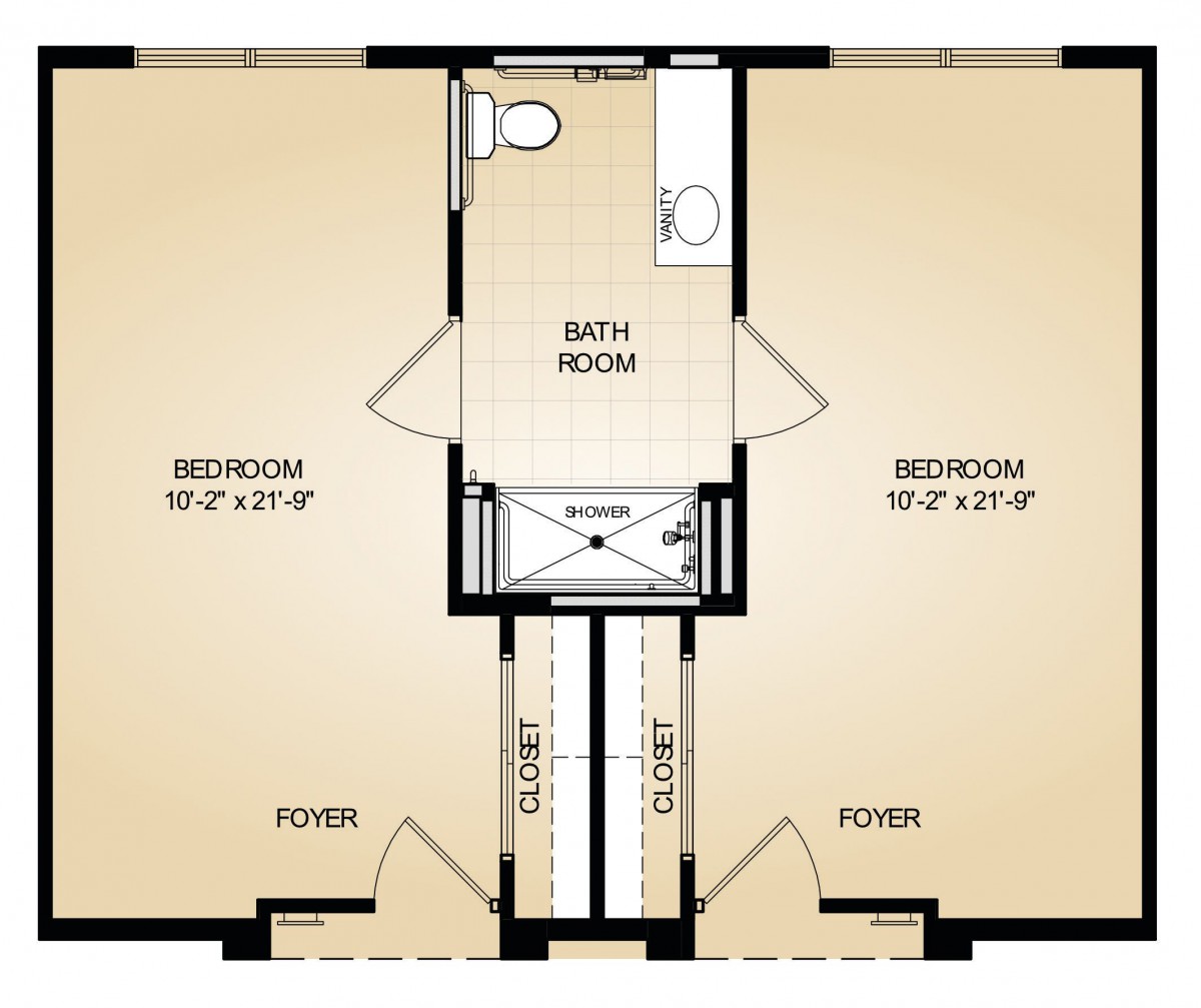 A floor plan featuring two bedrooms and a shared bathroom.