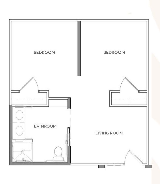 A simple floor plan showing two bedrooms, a bathroom, and a living room.