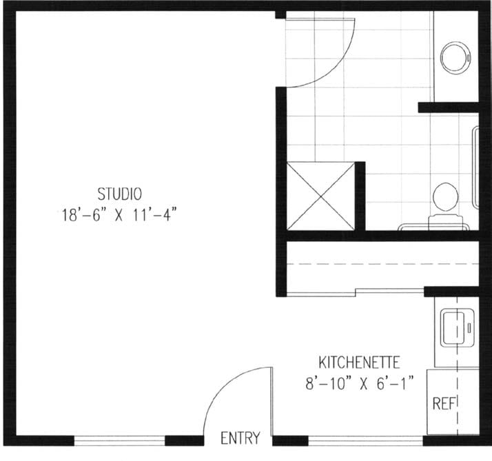 Floor plan of a studio apartment with kitchenette and bathroom.