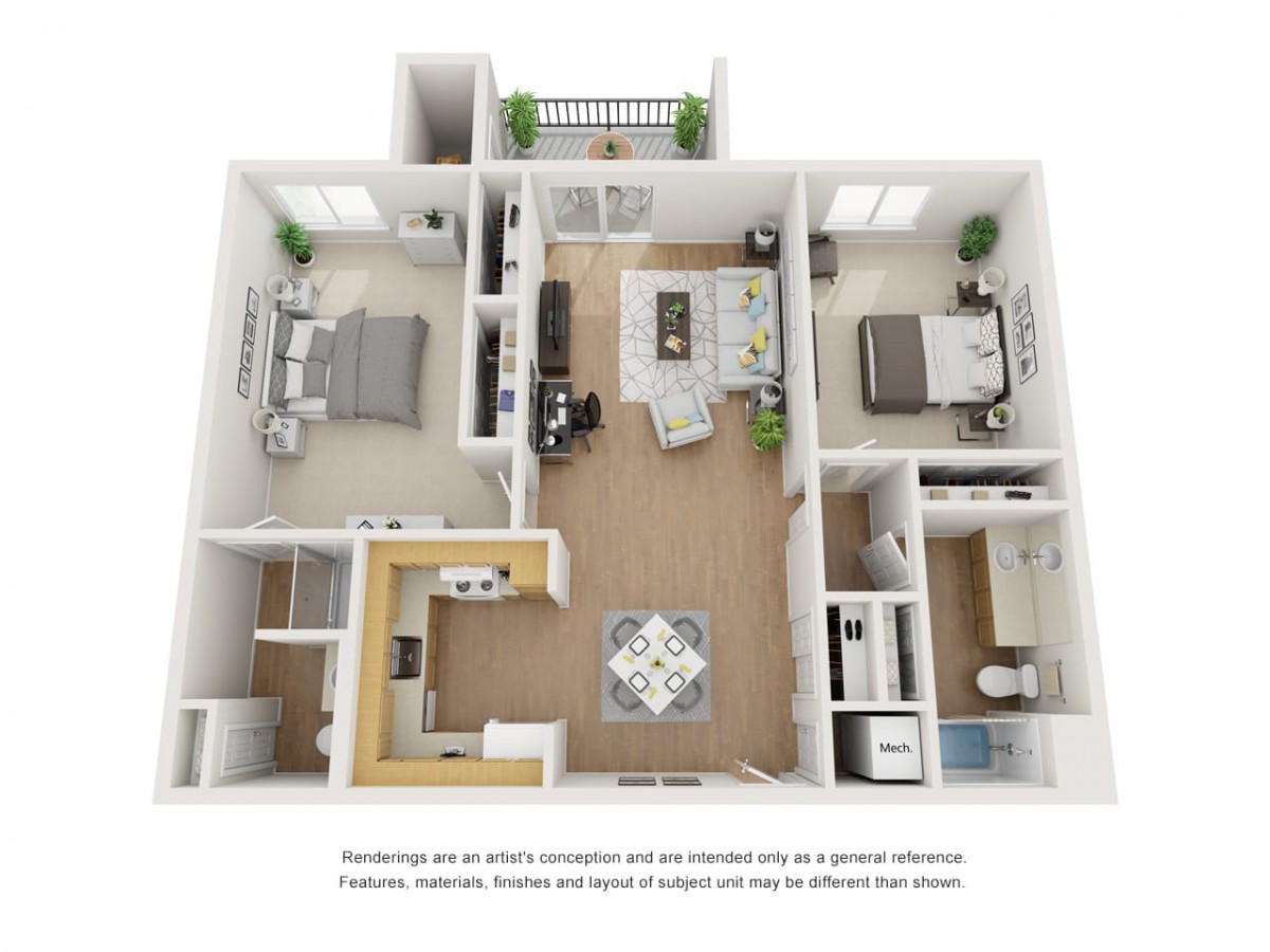 A 3D floor plan of an apartment featuring two bedrooms, a living room, kitchen, bathroom, and balcony.