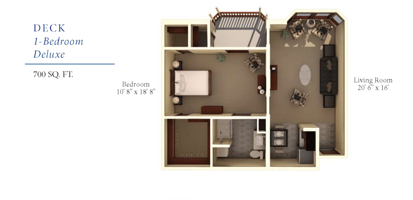 A detailed floor plan of a one-bedroom apartment with designated areas for the bedroom, kitchen, and bathroom.