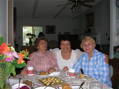 Three people enjoying a meal together at a dining table.