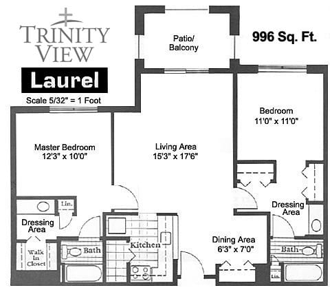 A detailed floor plan of a two-bedroom apartment named 'Laurel' at Trinity View, showing the layout including a living area, kitchen, dining area, bedrooms, bathroom, and balcony.