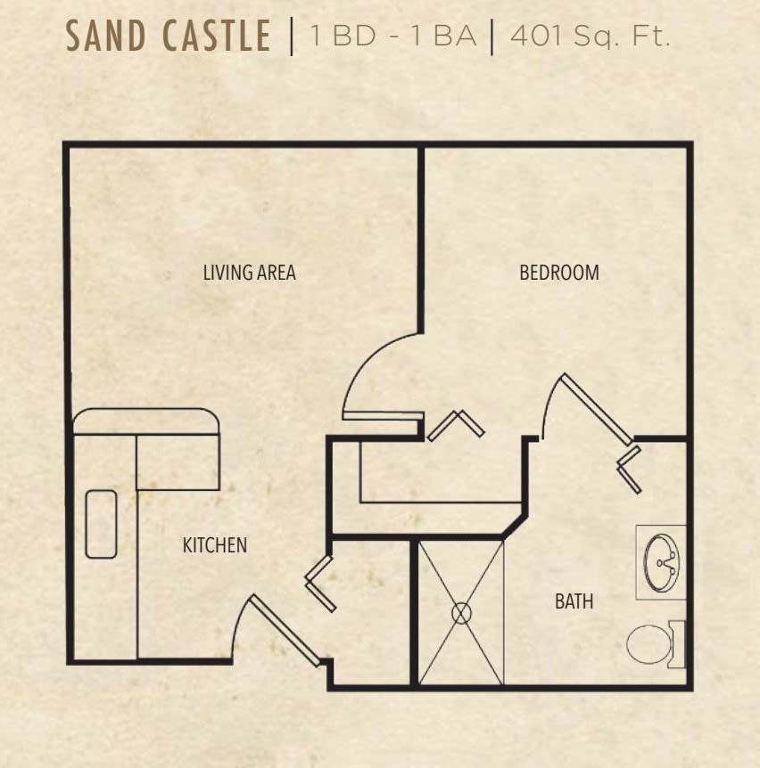 A floor plan for a one-bedroom, one-bathroom apartment labeled 'Sand Castle'.