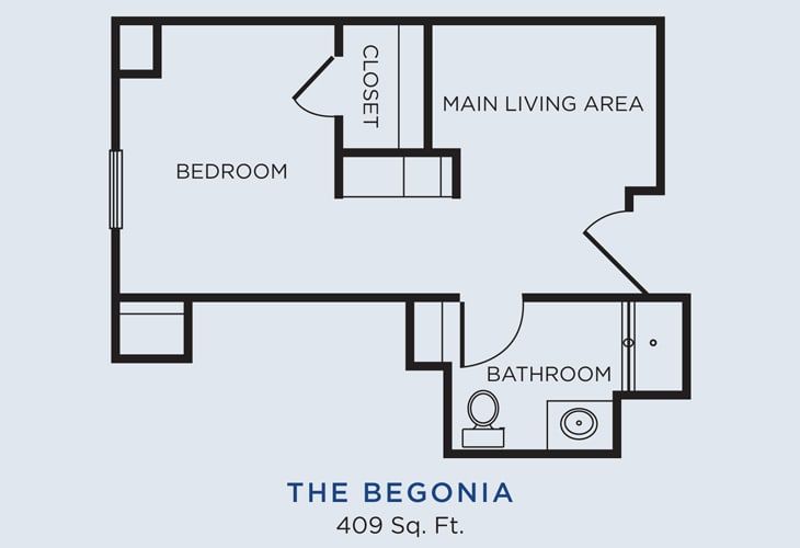 Floor plan of 'The Begonia', a 409 sq. ft. apartment with a bedroom, bathroom, and main living area.