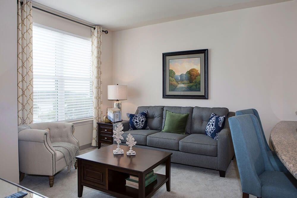 A cozy living room with a gray sofa, coffee table, and artwork on the wall.
