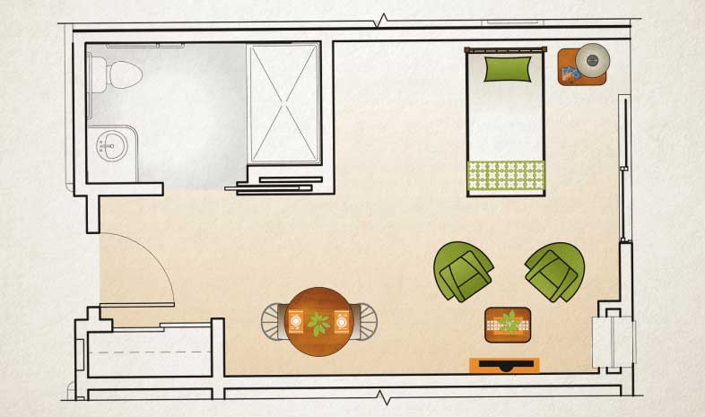 A simple floor plan showing a room layout with a bed, chairs, table, and TV.