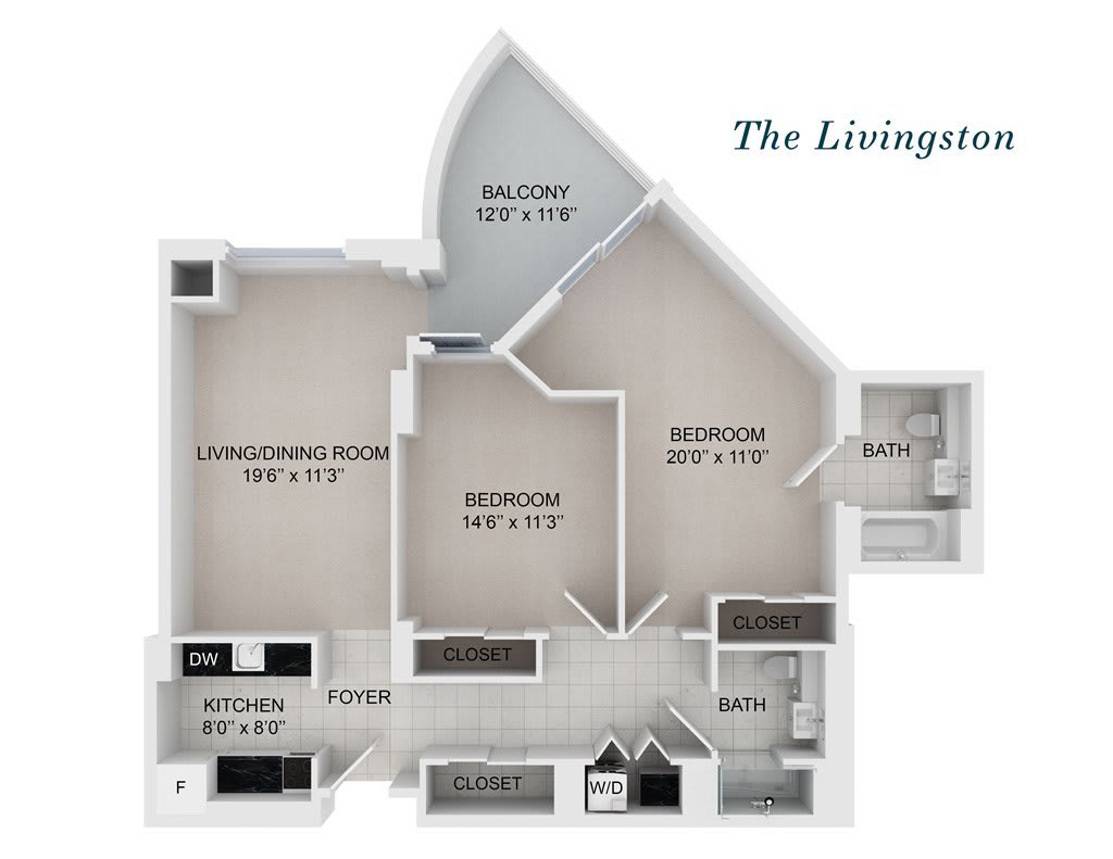 Floor plan of a two-bedroom apartment with a living room, kitchen, and balcony.