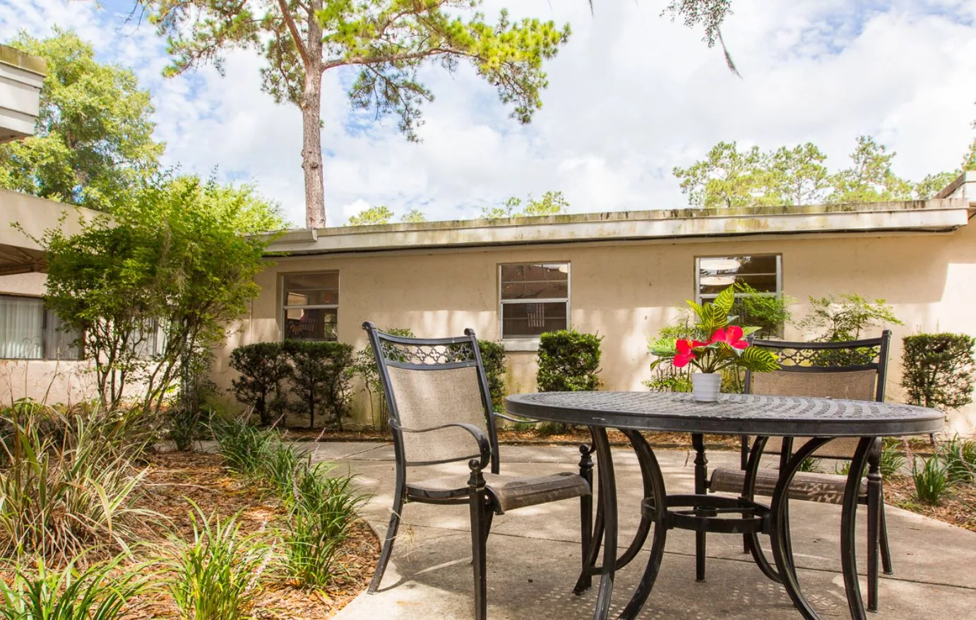 A serene outdoor patio area with a table, chairs, and surrounding greenery.