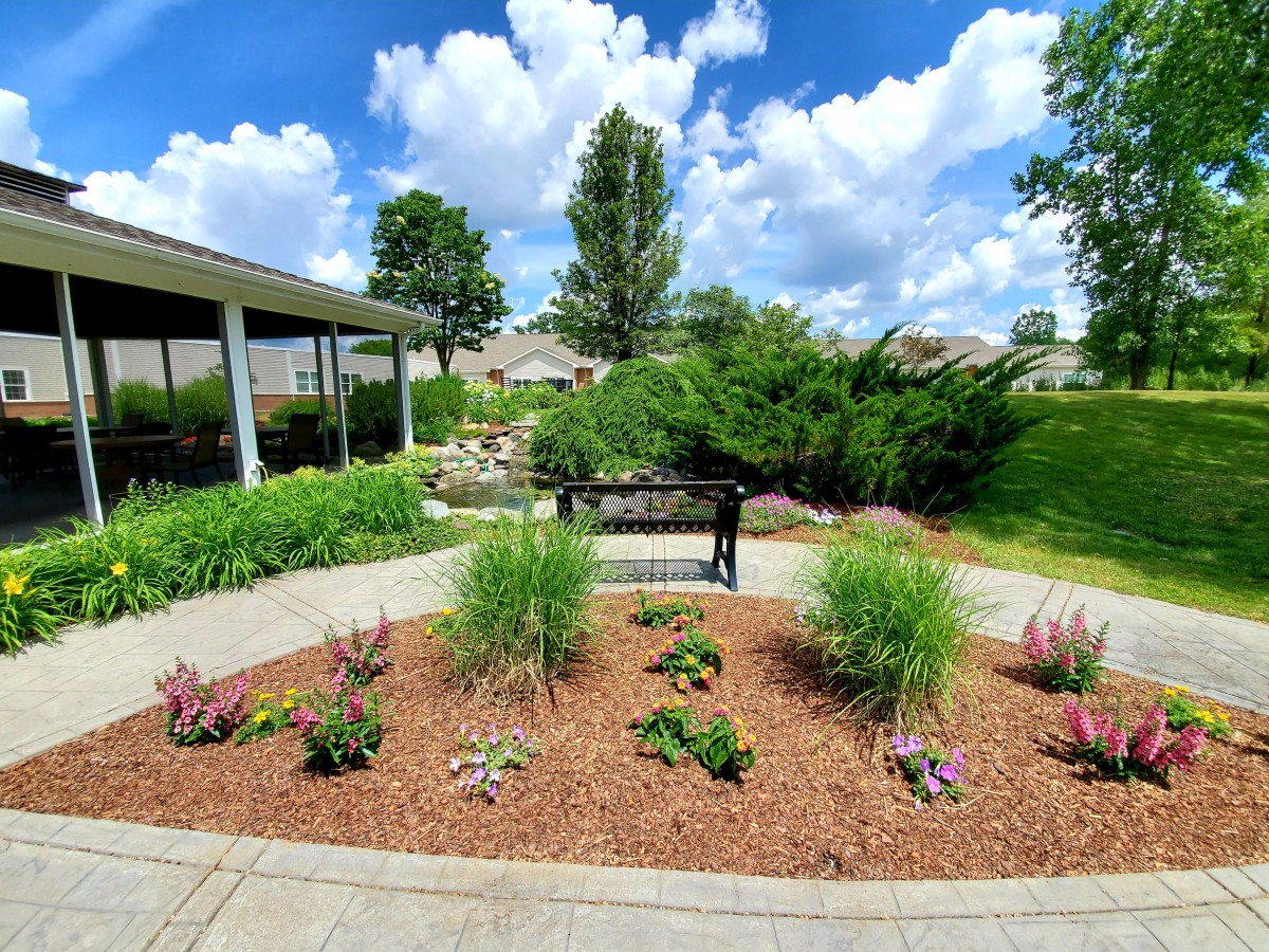 A scenic garden with a bench surrounded by lush greenery and colorful plants under a blue sky.
