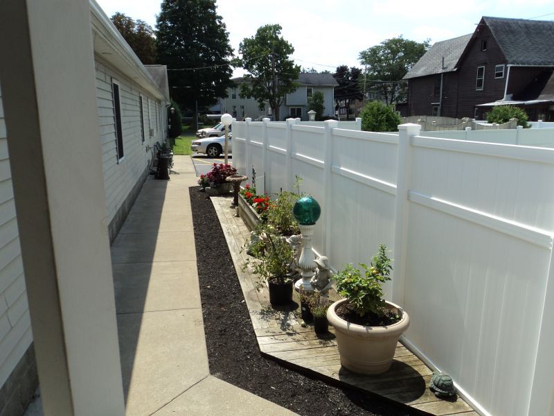 A neat row of potted plants lines a pathway next to a white fence in a residential area.