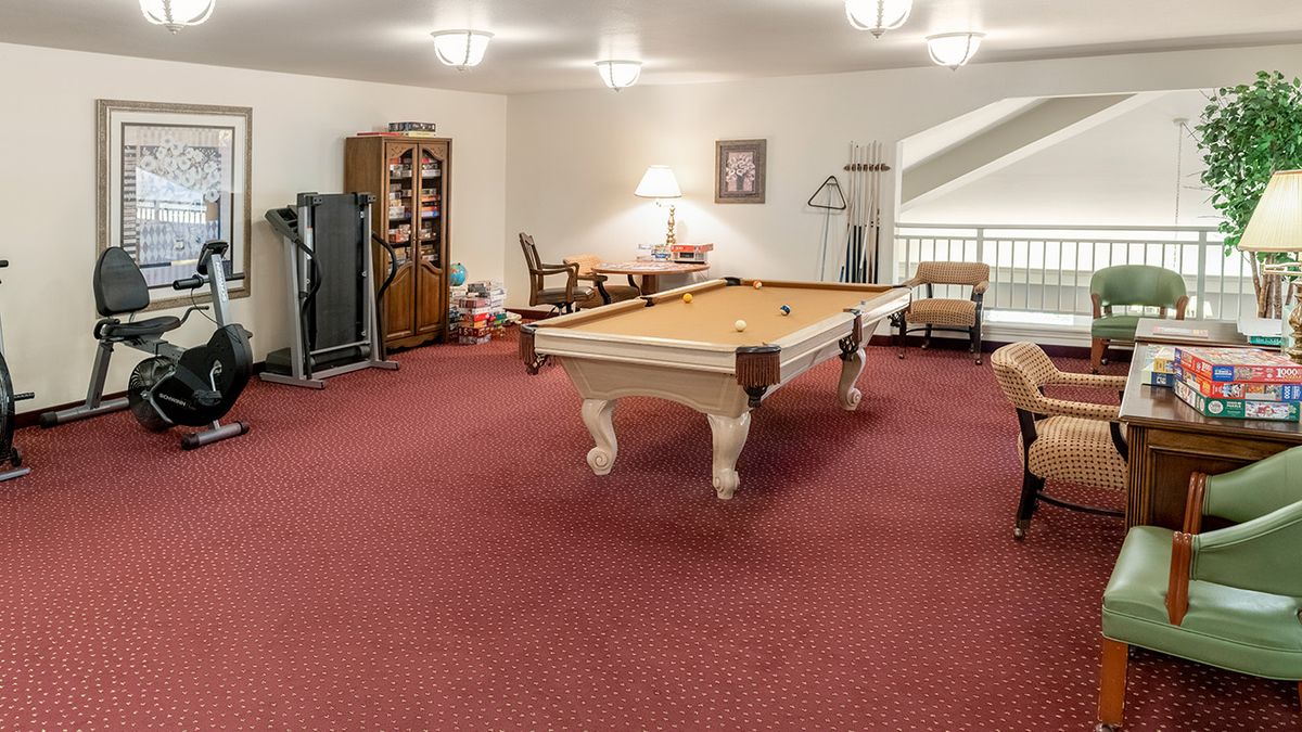 A cozy game room featuring a pool table and stylish furniture on red carpeting.