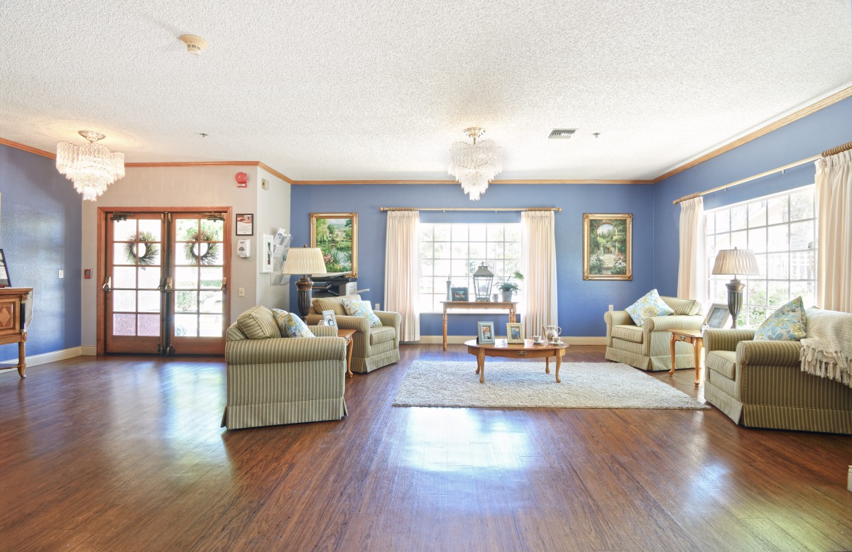 A spacious living room with blue walls, elegant sofas, a central coffee table, and large windows allowing natural light to fill the space.