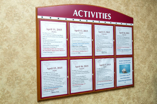 A bulletin board displaying upcoming activities and events.