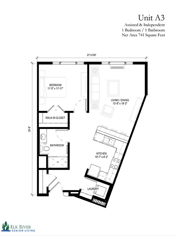 A detailed floor plan of a one-bedroom apartment showcasing the layout of rooms and spaces.