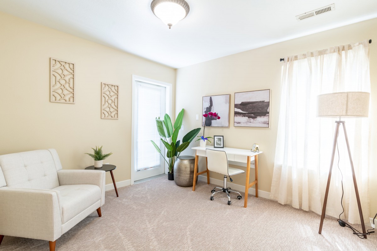A bright and minimalistic home office with a desk, chair, and decorative plants.