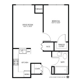 A floor plan of a one-bedroom apartment featuring a living room, kitchen, bathroom, and closets.
